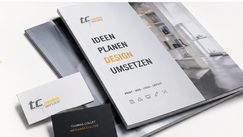 TC Medienservice Mockup mit Broschüre, Visitenkarte und Layout